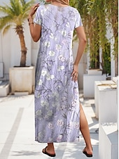 abordables Robe Fleurie-Femmes Robe maxi Robe Décontractée Robe trapèze Élégant Occasionnel Vacances Quotidien Coupe régulière Fleuri Manche Courte Col en V Violet Printemps Automne