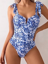billiga One-piece-baddräkter-Dam Badkläder En bit Monokini Baddräkt Öppen rygg Magkontroll Hög midja Smal Semester Standkläder Blommig V-slits Ärmlös Baddräkter