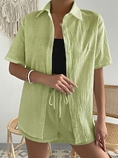 cheap Sets-Women&#039;s Fashion Streetwear Shirt Linen-Inspired Sets Two Piece Sets Below Knee Length Shorts Short Sleeve Shirt Collar Solid Color Drawstring Daily Wear Date White Green Khaki Summer Regular Fit