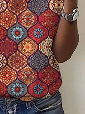 billige Boho t-skjorte-Dame T skjorte Geometrisk Årgang Stilfull Fritid Kortermet V-hals Vanlige topper Daglig Knapper Trykt mønster Rød Sommer Vår