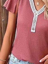 abordables T-shirt uni-Femme T shirt Plein Mode Moderne Décontractées Manche Courte Col V Hauts réguliers du quotidien Fin de semaine Patchwork Noir Blanche Rose Claire Eté Printemps