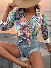 economico Top Boho da Donna-Per donna Camicia Floreale Casual Manica Lunga Colletto a Camicia Top Regolari Lavoro Quotidiano Bottoni Stampato Arcobaleno Primavera Autunno Inverno