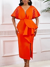 preiswerte Kentucky Kleid-Kentucky Derby Damen Midi Kleid Bodycon Kleid Puffärmel Kleid Elegant Formal Cocktail Formal Party Hochzeitsgast Reguläre Passform Grafisch Kurzarm V-Ausschnitt Schwarz Weiß Gelb Rot Sommer