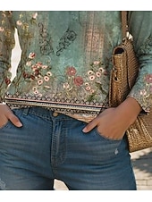 olcso Boho póló-Női T-Shirt V Nyakú Hosszú Ujjú Tunika Virágos Divat Modern Hétköznapi Rendszeres Felsők Napi Hétvégi Nyomat Sage Green Ősz Tél