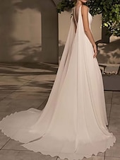 baratos vestidos de casamento casuais-Vestidos Casuais de Noiva A-Line Decote Profundo Sem Mangas Cauda Cortante Chiffon Trajes de Noiva Vestidos Com Fenda Com pedrarias Pregas Frufru