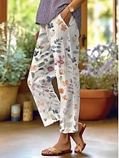 ieftine pantaloni cu picior drept-Pantaloni din bumbac și in pentru femei pantaloni baggy asemănători cu in modă stradală lungime completă talie înaltă imprimeu floral grafic termic cald respirabil moale micro-elastic exterior zilnic