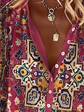 levne Boho topy-Dámské Košile Halenka Grafika Elegantní Denní stylové 3/4 délka rukávu Stojáček Běžné topy Denní Dovolená Jdeme ven Knoflíky Rubínově červená Trávová zelená Duhová Šedá Léto Jaro Podzim
