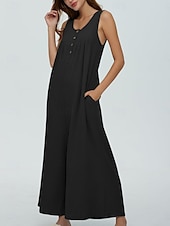preiswerte lässige Overalls-Damen Normal Jumpsuit Aktiv Feste Farbe Ärmellos U-Ausschnitt Knopf Tasche Urlaub Täglich Regular Fit Schwarz Marineblau Blau Sommer