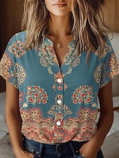 cheap Women&#039;s Boho Tops-Women&#039;s Shirt Floral Elegant Vintage Tropical Short Sleeve Shirt Collar Regular Tops Daily Buttons Print Dusty Blue Summer
