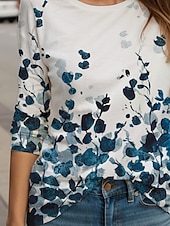 billige Blomster t-skjorte-Kvinners t-skjorte ombre blad elegant uformell lang erm rund hals regelmessige topper daglige utgående strandtøy trykk blå sommer vår