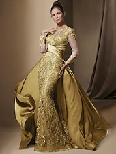 economico BLU-Abito da festa sirena Madre della Sposa Abito Ospite di matrimonio Elegante Collo gioiello Treno a strascico  spazzola Stretch raso Manica lunga con pizzo paillettes arricciato per impressionare 2025