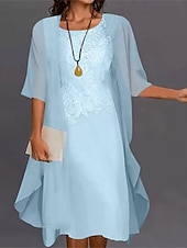 preiswerte Kleidersets-Damen Modisch Strassenmode Rock-Sets 3/4 Ärmel Eine Glocke Rundhalsausschnitt Blumen Spitze Bedruckt Freizeitskleidung Verabredung Blau Purpur Grau Frühling Regular Fit