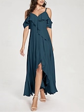 cheap Bridesmaid Dresses-A-Line Bridesmaid Dress V Neck / Spaghetti Strap Short Sleeve Elegant Asymmetrical Chiffon with Split Front / Ruching