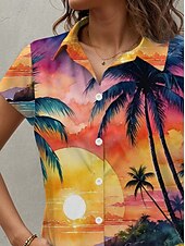 billiga Kvinnors semester toppar-Dam skjorta bladträd Hawaiian tropisk strand kort ärm skjortkrage vanlig toppar knappar tryck regnbåge sommar