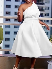 preiswerte Kentucky Kleid-Kentucky Derby Damen Midi Kleid A-Linie Kleid Fit And Flare Kleid Elegant Formal Party Hochzeitsgast Verlobung Reguläre Passform Grafisch Ärmellos Eine Schulter Weiß Pink Rot Fuchsia
