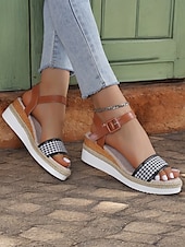 olcso Nyári szandálok-női houndstooth espadrille ékszandál bokapánttal – hétköznapi nyári platformszandál nyaraláshoz és mindennapi viselethez