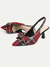 cheap Slingback Pumps-Women's Tartan Plaid Slingback Heels – Pointed Toe Kitten Heels with Bow Detail, Elegant Pumps for Parties &amp; Office Wear