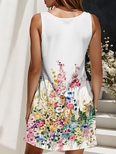 billiga Blommiga klänningar-Dam Mini klänning A linjeklänning Linneklänning Elegant Stylish Ledigt Dagligen Normal Blommig Grafisk Ärmlös U-hals Regnbåge Sommar Vår