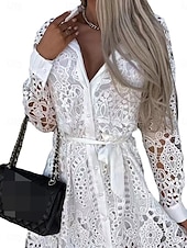 cheap White Lace Dresses-Women&#039;s Mini Dress Lace Dress A Line Dress Boho Dress Basic Casual Vacation Daily Regular Fit Plain Long Sleeve Square Neck Black White Khaki Summer