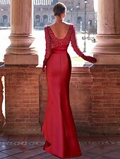 cheap RED-Red Green A-Line Evening Gown Elegant Dress Formal Floor Length Long Sleeve Jewel Neck Satin with Ruffles Slit Masquerade Dress