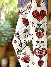 billiga Raka byxor-Kvinnors Bomull Linne Byxor Baggy Byxor Linne Likt Elegant Vintage Mode Full längd Hög Midja Blommönster Tryckning Andningsbar Mjuk Mikro-elastisk Utomhus Vardags Linne Likt risvit Regular Fit