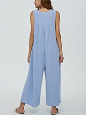 preiswerte lässige Overalls-Damen Normal Jumpsuit Aktiv Feste Farbe Ärmellos U-Ausschnitt Knopf Tasche Urlaub Täglich Regular Fit Schwarz Marineblau Blau Sommer