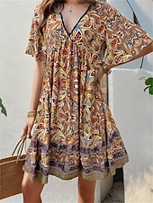 abordables Robes de vacances-Femme robe longue Robe casual Robe Trapèze Elégant mode Décontractées Vacances du quotidien Ample Graphic Manche Courte Col V Noir Jaune Bleu Vert Eté Printemps