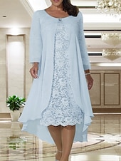 economico Con giacca-Abito da sposa A due pezzi A-Line in spiaggia madre della sposa invitata a un matrimonio elegante taglie forti scollo a gioiello lunghezza tè in chiffon pizzo manica corta giacca abiti con colore