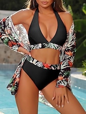 billiga Bikiniset i 3 delar-Dam Badkläder Bikini Tre delar Kalsonger Baddräkt Öppen rygg Smal Hög midja Semester Standkläder Blommig Halterneck Långärmad Baddräkter