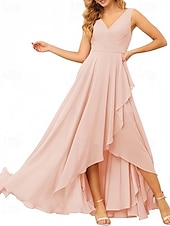 economico Abiti da damigella-Linea ad A Vestito da damigella Scollo a V Senza Maniche Elegante Asimmetrico Chiffon con Volant / Arricciatura 2022