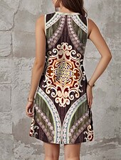tanie Sukienki boho-Damskie Sukienka mini Sukienka A line Letnie sukienki Sukienka z odkrytymi ramionami Codzienny Urlop Codzienny Regularny Graficzny Zabytkowe Bez rękawów Karbowana szyja Żółtobrązowy Lato