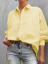 cheap Work Tops-Women&#039;s Shirt Blouse Striped Elegant Daily Stylish Long Sleeve Shirt Collar Regular Tops Daily Holiday Going out Buttons Pocket Yellow Pink Green Spring Fall