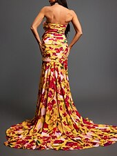 preiswerte Abendkleider-Meerjungfrau-/Trumpet-Abendkleid Partykleid Abendveranstaltung Black Tie Gala Gericht Bahnen ärmellos schulterfrei Chiffon rückenfrei mit Blumenmuster Schlitz Hochzeitsgast-Kleid