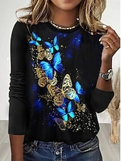 cheap Floral tee-Women&#039;s T Shirt Graphic Butterfly Casual Long Sleeve Crew Neck Regular Tops Daily Print Black Spring Fall