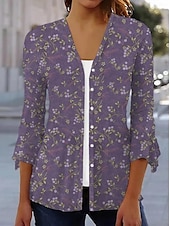 cheap Casual Floral Dresses-Women&#039;s Shirt Floral Basic 3/4 Length Sleeve Square Neck Regular Tops Daily Linen Like Print Purple Spring Fall