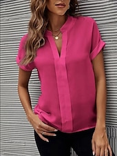 abordables Hauts de Travail pour Femmes-Femme Chemise Chemisier Couleur unie mode Décontractées Manche Courte Col cranté Hauts réguliers du quotidien Noir Blanche Bleu Fuchsia Eté Printemps