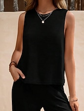 cheap Sets-Women's Shirt Linen-feel Set Two Piece Sets Wide Leg Pants Sleeveless Crew Neck Plain Fashion Streetwear Daily Casual Daily Black Yellow Army Green Summer Regular Fit