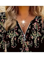 cheap Boho tee-Women&#039;s T Shirt Graphic Tribal Vintage Bohemia Tropical Hawaiian Long Sleeve V Neck Regular Tops Daily Going out Weekend Zipper Print Black Spring Fall