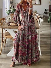cheap Boho Dress-Women&#039;s Maxi Dress Casual Dress Swing Dress A Line Dress Boho Dress Casual Daily Regular Fit Floral Long Sleeve V Neck Red Blue Purple Orange Summer Spring Fall