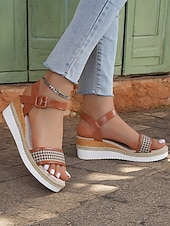 olcso Nyári szandálok-női houndstooth espadrille ékszandál bokapánttal – hétköznapi nyári platformszandál nyaraláshoz és mindennapi viselethez