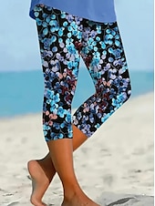 billiga -Damleggings capribyxor hög elastisk semester mode hawaiiansk ankellängd med midja blommig tryck termisk varm andas mjuk semester avslappnad daglig svart och blå sommar vår