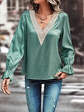 cheap Women&#039;s Plain Tops-Women&#039;s Shirt Blouse Solid Color Stylish Casual Long Sleeve V Neck Regular Tops Daily Lace Patchwork Black Green Summer Spring