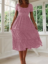 cheap Floral Dress-Women&#039;s Midi Dress Corset Dress A Line Dress Milkmaid Dress Puff Sleeve Dress Stylish Casual Vacation Daily Regular Fit Graphic Short Sleeve Square Neck Pink Navy Blue Blue Purple Summer