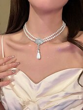 abordables Collar de mujer-Elegante conjunto de joyas nupciales de perlas: collar de doble capa y aretes colgantes con detalles de diamantes de imitación, accesorios de boda vintage para mujeres, joyas formales para fiestas y veladas
