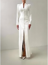 voordelige Vloerlengte-Zeemeermin  Trompet Moeder Van De Bruid Jurk Tuxedo Jurk Elegante Hoge Split V-Hals Vloerlange Satijn Lange Mouwen met Split