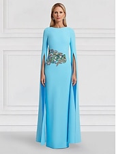 cheap Evening Dresses-Green Blue Floral Column Evening Gown Side Slit Dress Formal Wedding Guest Floor Length Short Sleeve Jewel Neck Stretch Crepe with Embroidery