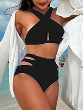 billiga Bikiniset-Dam Badkläder Bikini 2 st Kalsonger Baddräkt Öppen rygg Smal Semester Standkläder Ensfärgat Halterneck Ärmlös Baddräkter