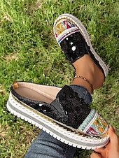 levne Pohodlné sandály-dámské zlaté flitrové tenisky na platformě mules – třpytivé slip-on boty s vyšívanými detaily pro festivaly, párty a street fashion