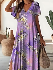 ieftine rochie florală-Pentru femei Rochie Maxi Rochie casual Rochie A line Stilat Casual Vacanță Zilnic Fit regulat Floral Manșon scurt În V Mov Primăvară Toamnă