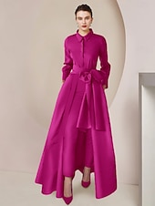 preiswerte Overalls für Mütter-Zweiteiliges Jumpsuit Mutter der Braut formelle Hochzeitsgast elegantes Partykleid mit Kragen bodenlang Taffeta langarm mit Schleife(n) einfarbig 2025 kostenlose Maßanfertigung